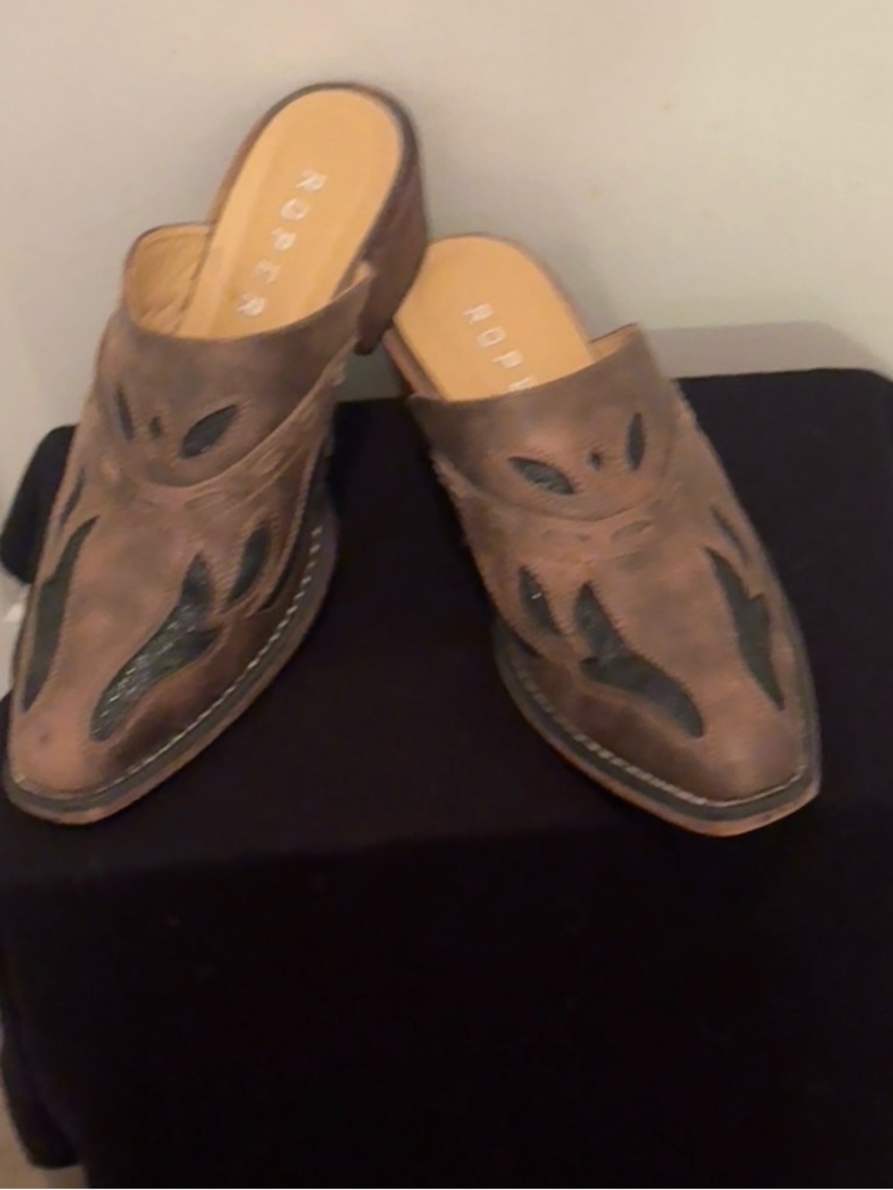 Roper Brown Leather Slip-On Mules with Black Inlays
